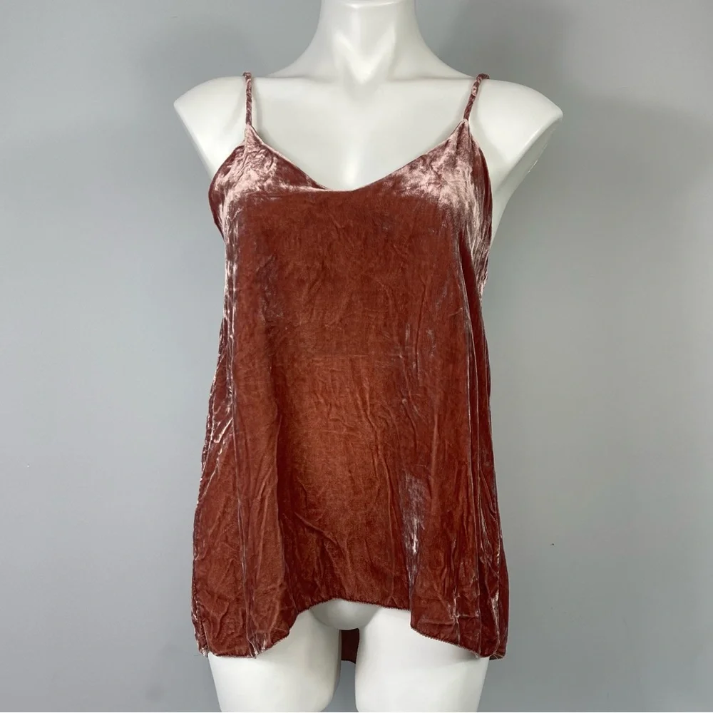 CAARA 100% Silk Crushed Velvet Spaghetti Strap Cami Camisole Top In Rust M - Picture 6 of 16
